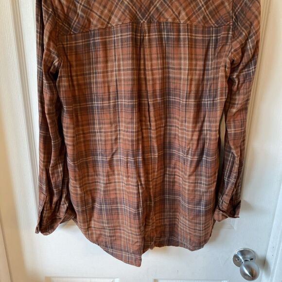 Becool Women’s Small Button Up Long Sleeve Plaid Shirt Brown Checked Rust Light - Picture 7 of 9